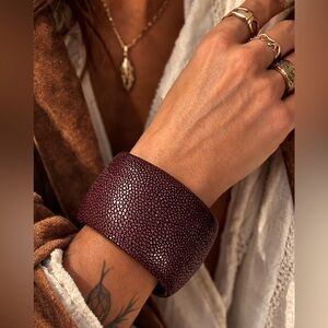 Vintage Burgundy Stingray / Shagreen Leather Statement Cuff Bracelet | Textured